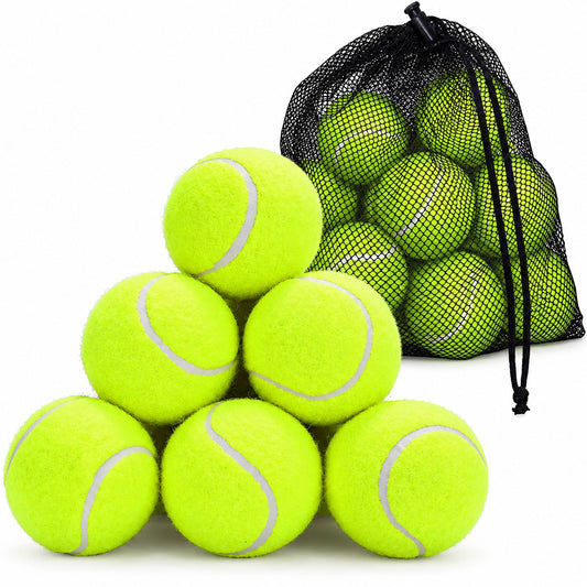 Basket of DIVCHI tennis balls on a tennis court, available in 12 and 24 packs