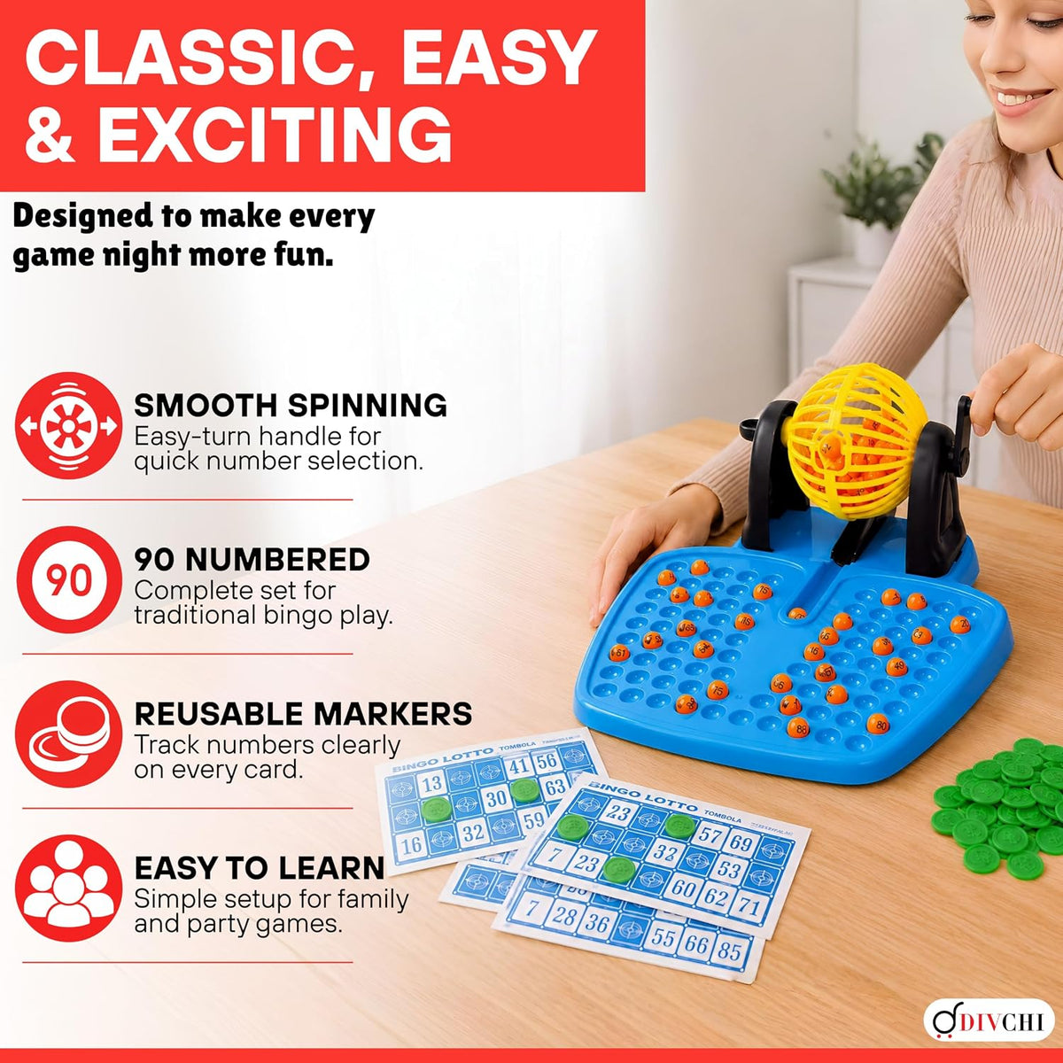 DIVCHI bingo features: smooth spinning drum, 90 numbered balls, reusable markers, easy to learn