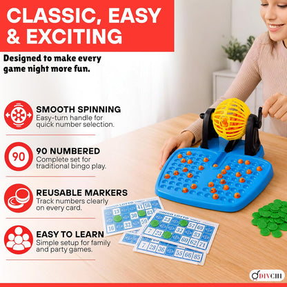 DIVCHI bingo features: smooth spinning drum, 90 numbered balls, reusable markers, easy to learn