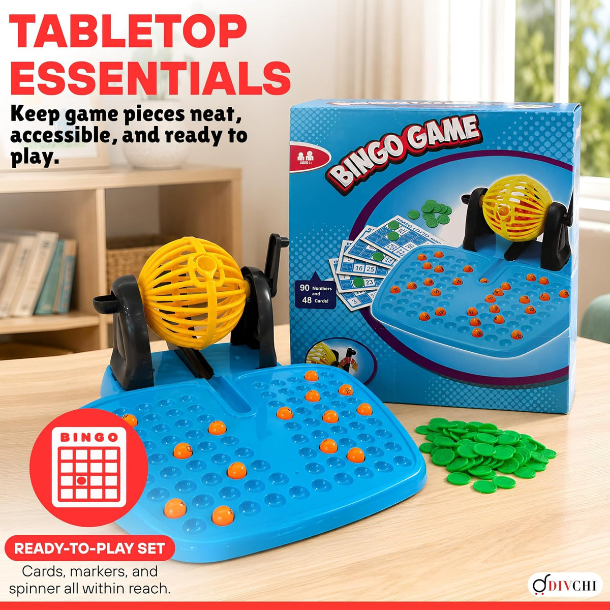 DIVCHI tabletop bingo set ready to play, with box, cage, tray and green marker chips