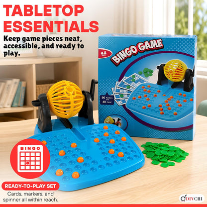 DIVCHI tabletop bingo set ready to play, with box, cage, tray and green marker chips