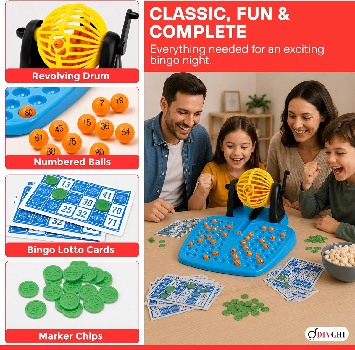 Everything included in the DIVCHI bingo set: revolving drum, numbered balls, bingo lotto cards and marker chips, with a family playing