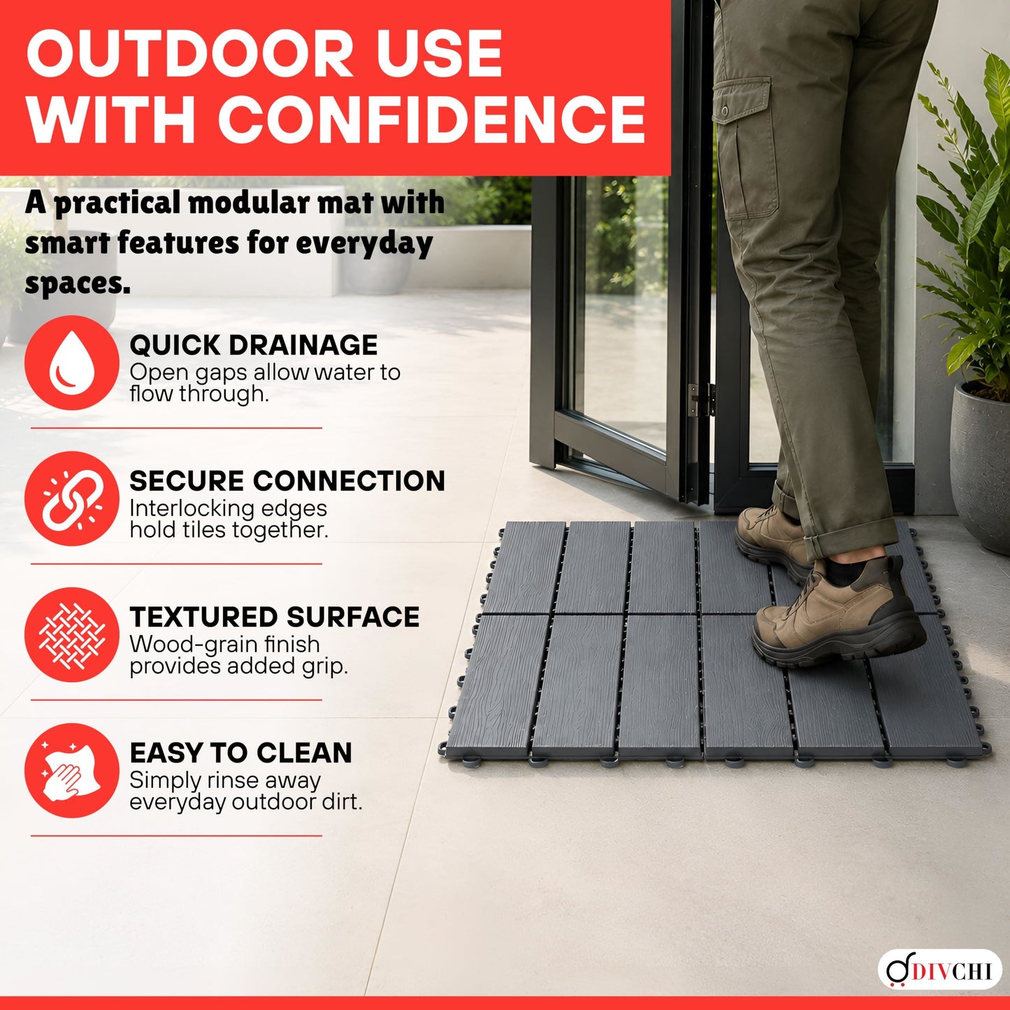 DIVCHI Composite Decking Tiles Set of 4 Interlocking Mat Outdoor Garden Deck Tiles Patio Flooring for Balcony Terrace (29.5 x 29.5 cm)