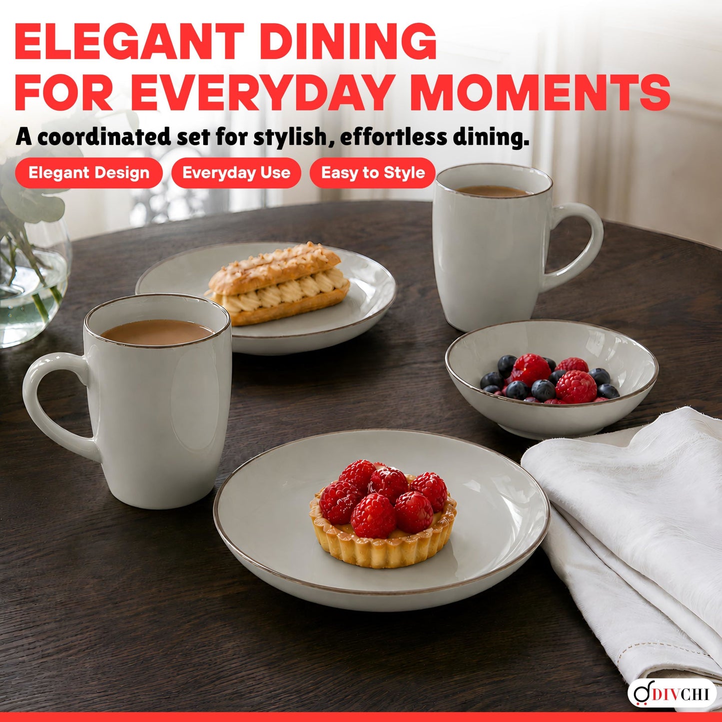 DIVCHI 16-Piece Dinner Set for 4, Ceramic Kitchen Tableware