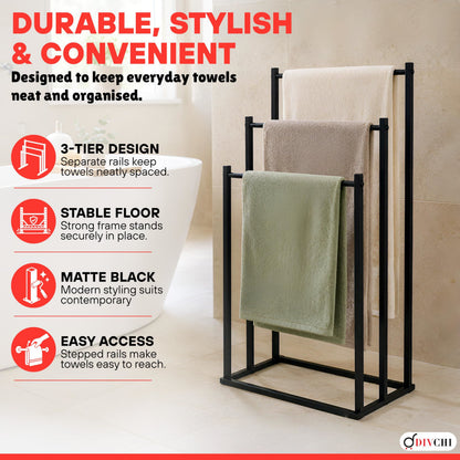 DIVCHI Freestanding Towel Rail - 3 Tier Towel Drying Stand, Black