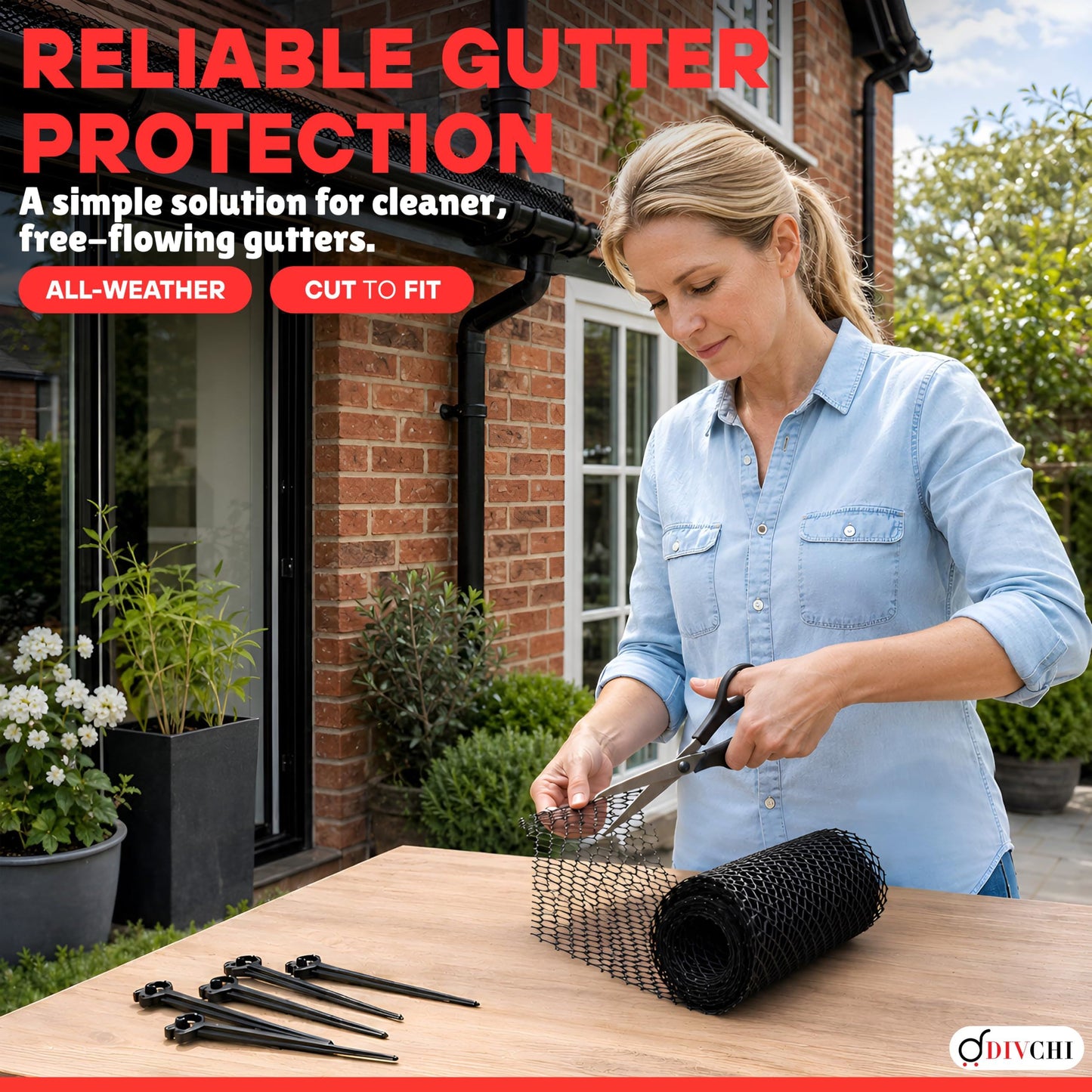 DIVCHI Gutter Guard Mesh 5m Plastic Leaf Guard with 8 Fixing Stakes Flexible Guttering Protection for Leaves Moss & Debris Cut to Fit
