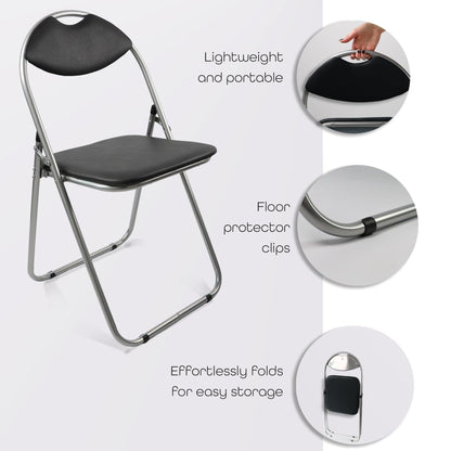 Black folding chair with features highlighted on a white background