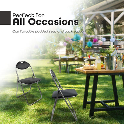 Two folding chairs on grass with a table in the background, text 'Perfect for All Occasions'.