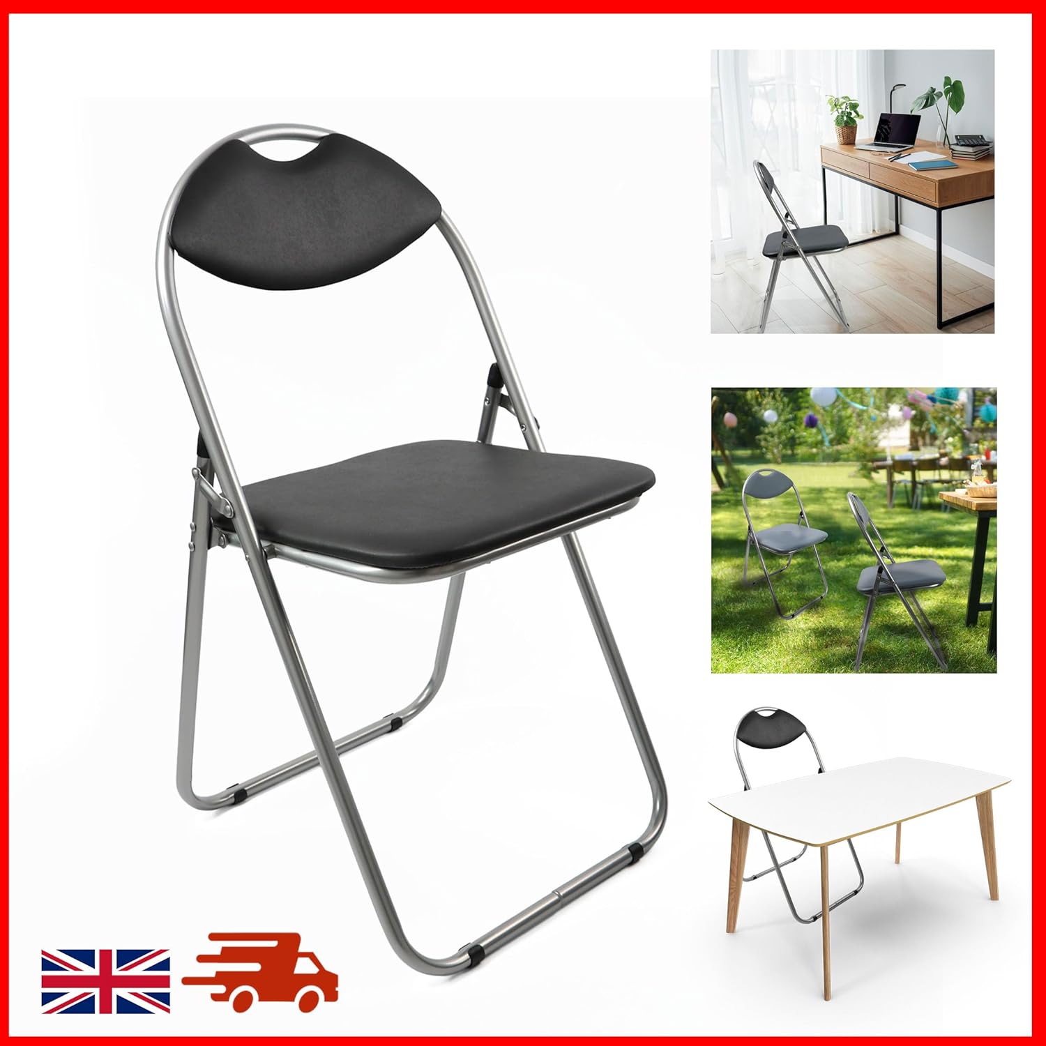 Black folding chair with images of its use in various settings.
