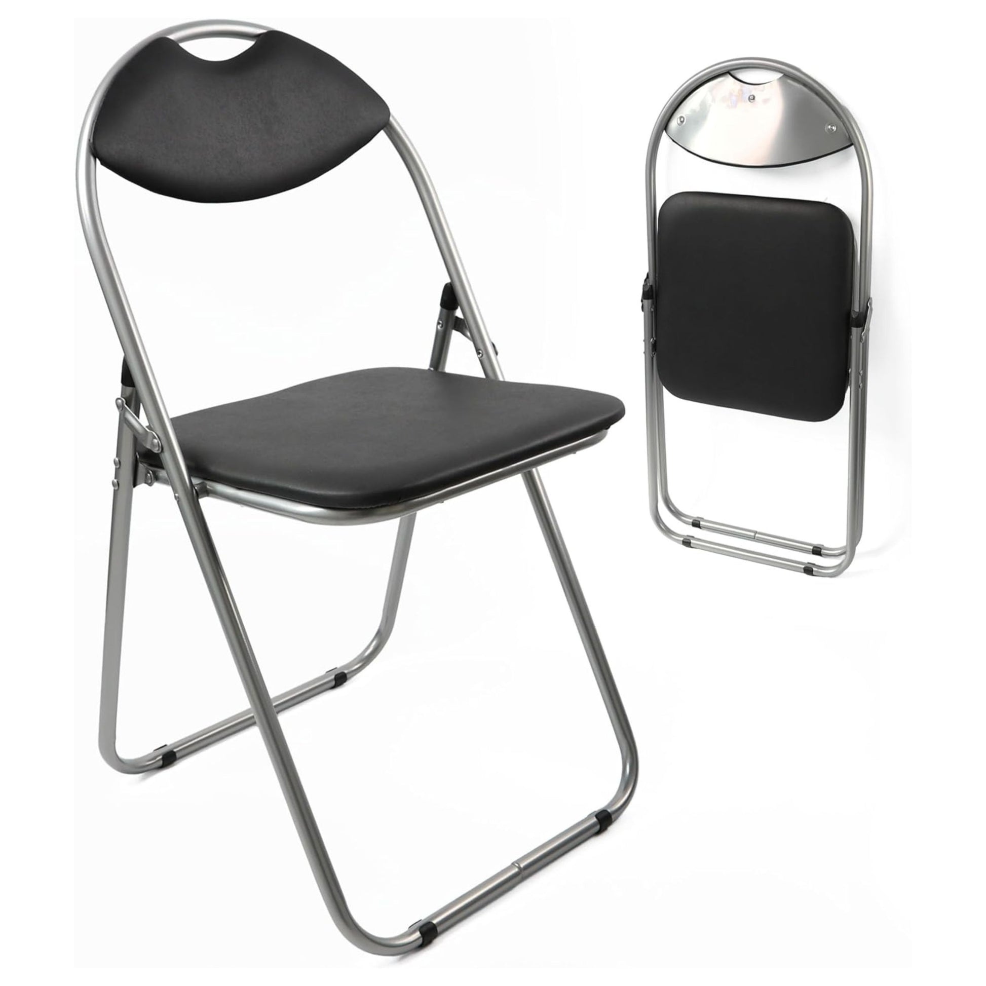 Black folding chair with chrome frame on a white background