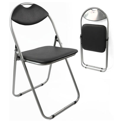 Black folding chair with chrome frame on a white background