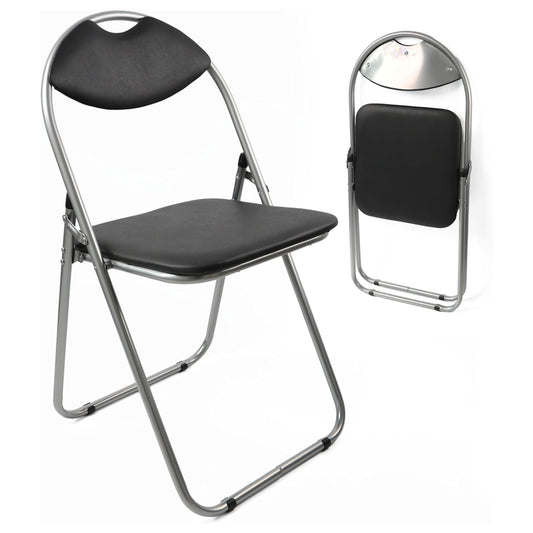 Black folding chair with chrome frame on a white background