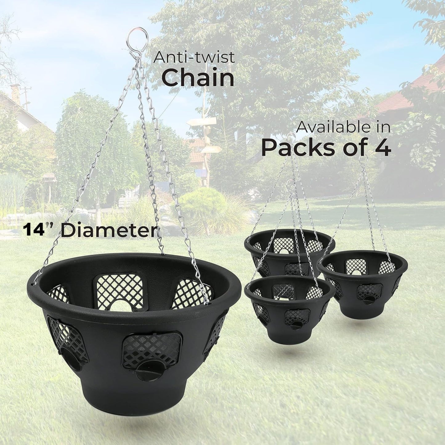 Black hanging planters with anti-twist chain on a light background
