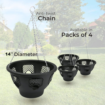 Black hanging planters with anti-twist chain on a light background