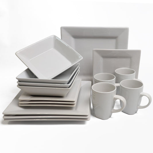 All components of DIVCHI 16-piece dinnerware set including plates, bowls, and mugs stacked together.