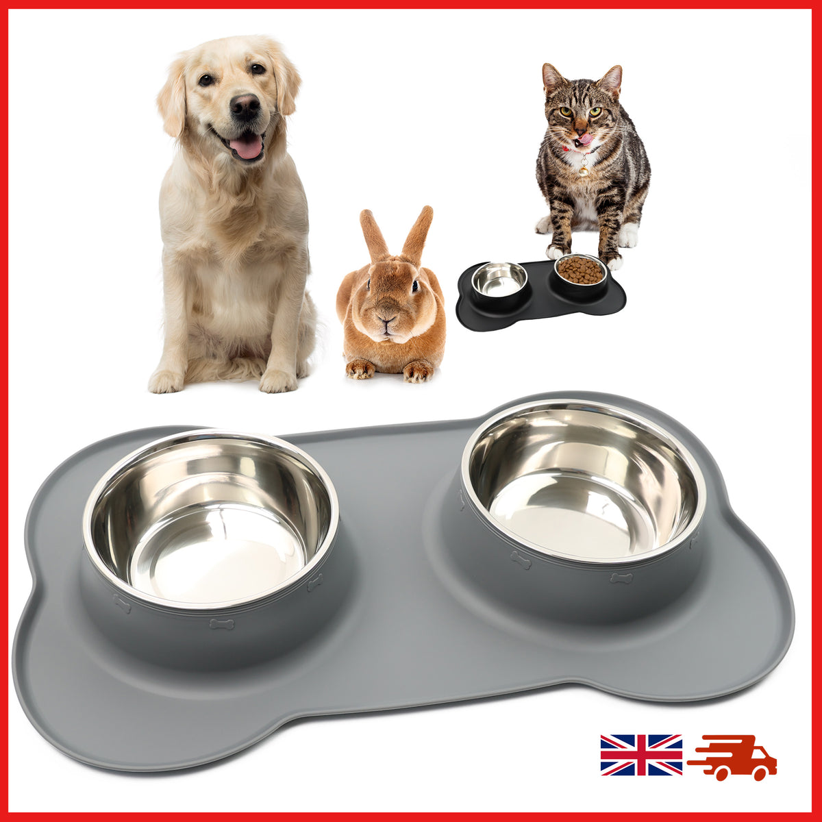 Pets Bowl Food And Drink Double Bowls Set With Silicone Mat Tray For Pets - DIVCHI