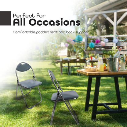 Two folding chairs on grass with a table in the background, text 'Perfect for All Occasions'.