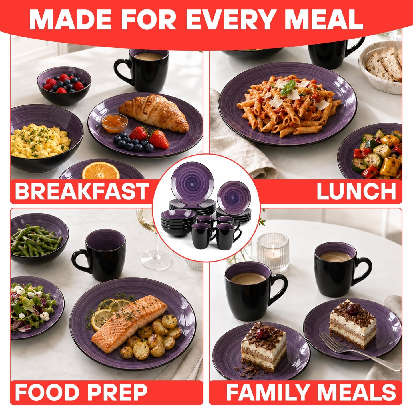 DIVCHI 16 Piece Ceramic Dinnerware Set - Purple - Image 3