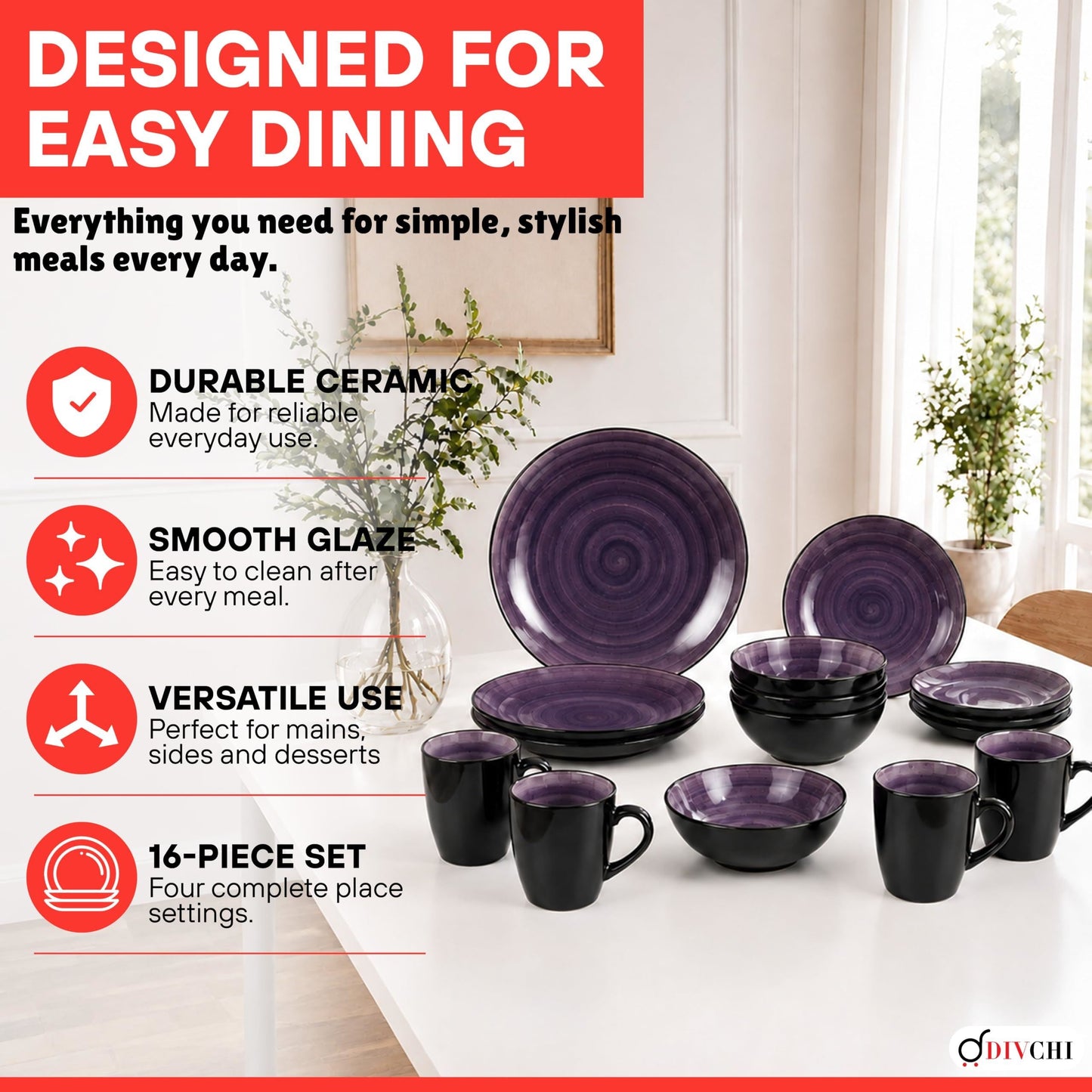 DIVCHI 16 Piece Ceramic Dinnerware Set - Purple - Image 4