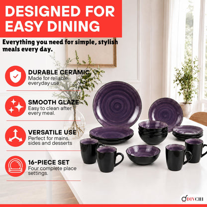 DIVCHI 16 Piece Ceramic Dinnerware Set - Purple - Image 4
