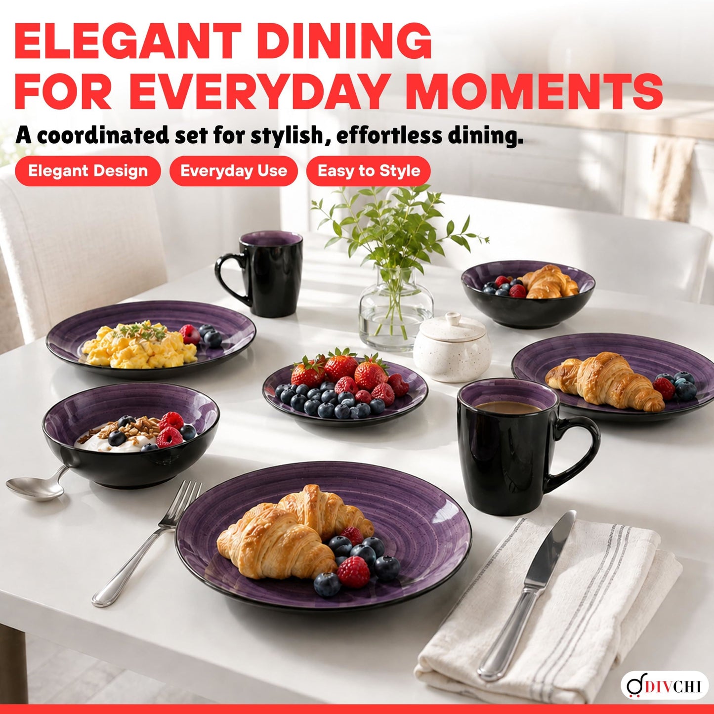 DIVCHI 16 Piece Ceramic Dinnerware Set - Purple - Image 5