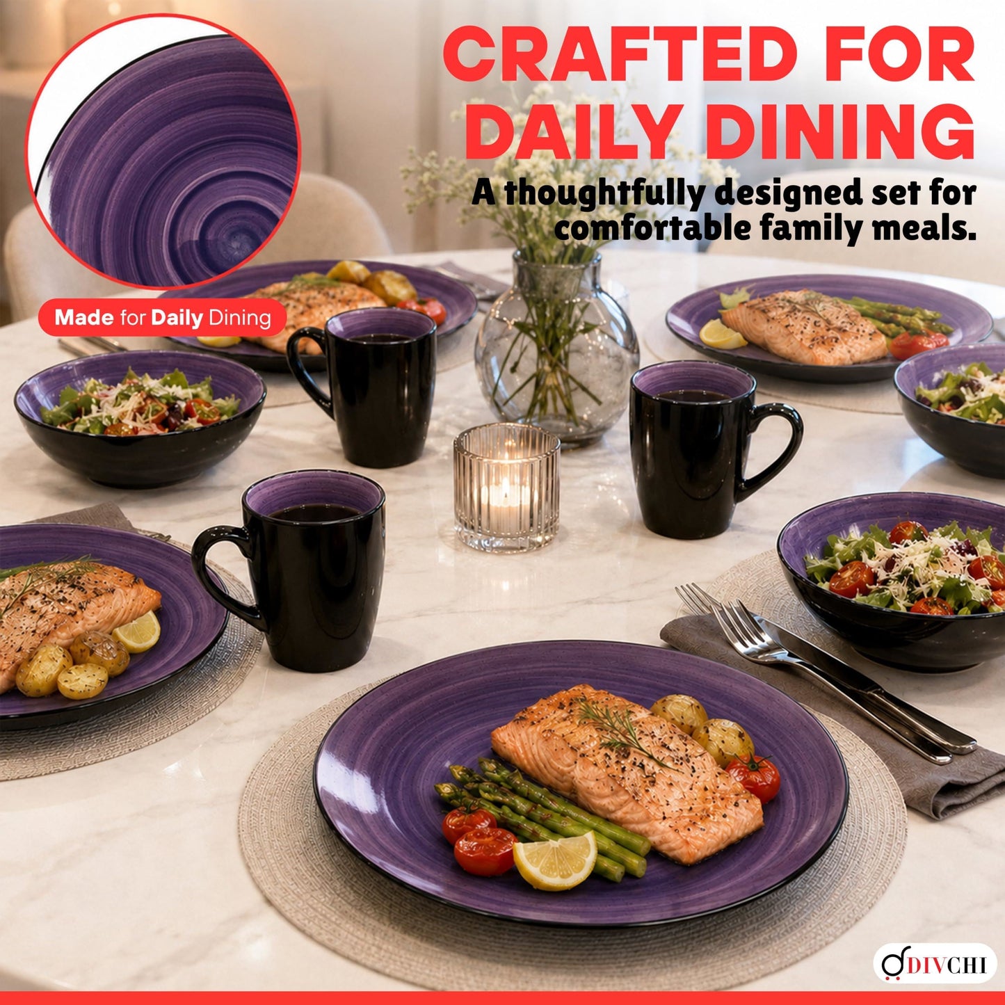 DIVCHI 16 Piece Ceramic Dinnerware Set - Purple - Image 6