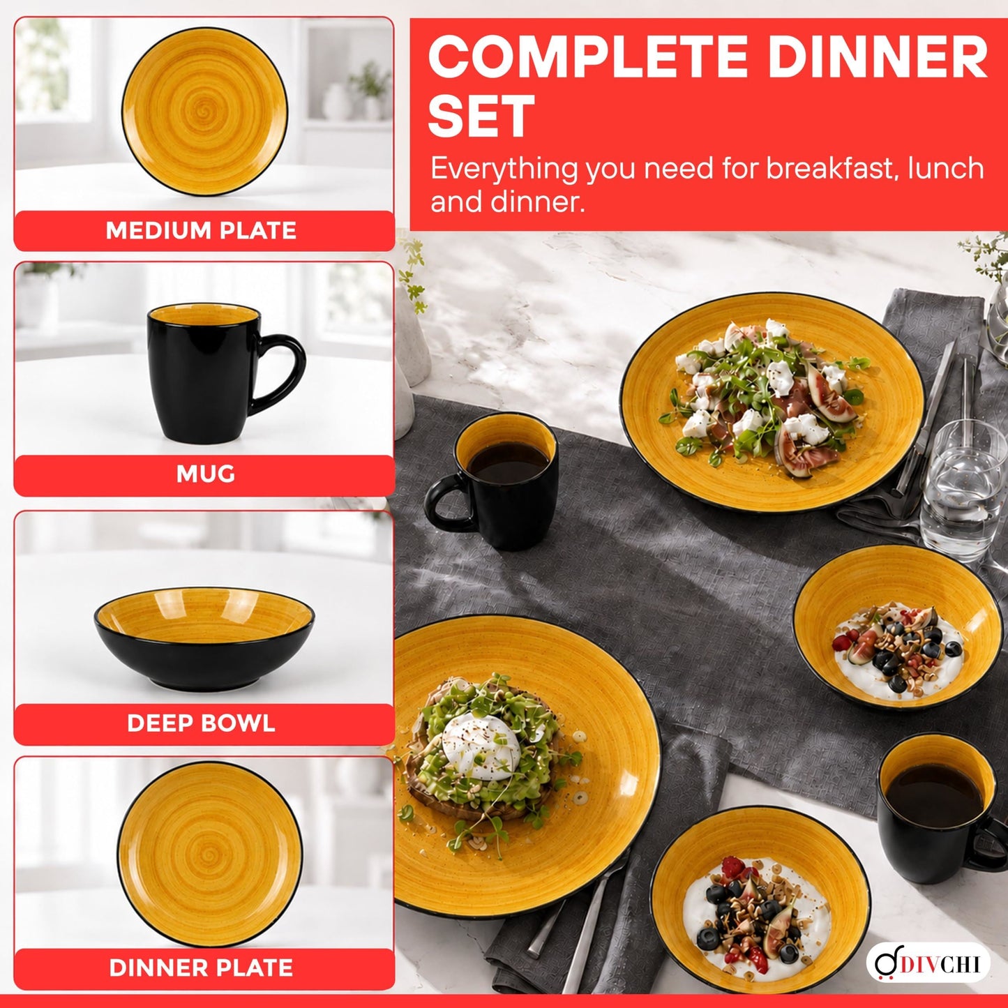 DIVCHI 16 Piece Ceramic Dinnerware Set - Yellow - Image 2