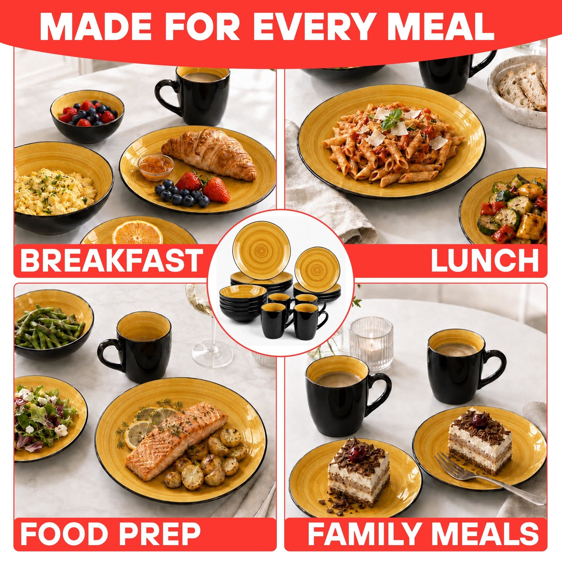 DIVCHI 16 Piece Ceramic Dinnerware Set - Yellow - Image 4
