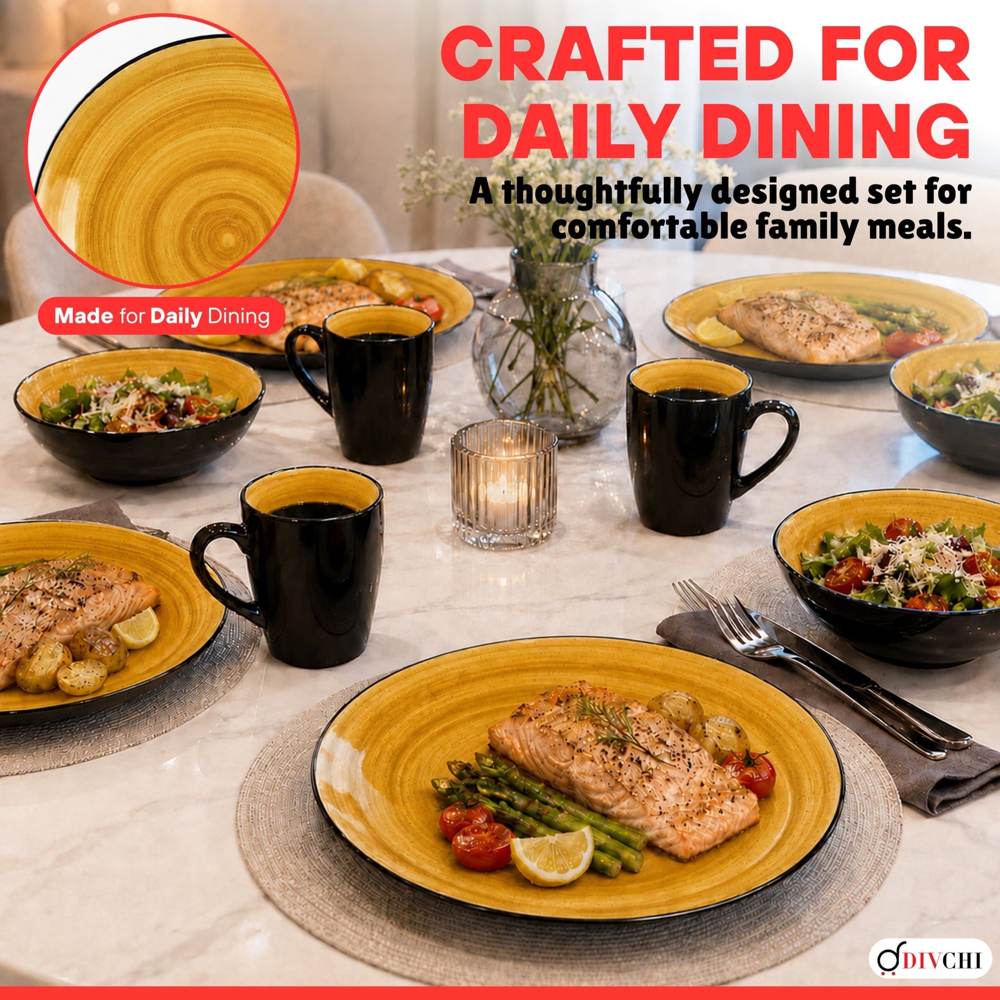 DIVCHI 16 Piece Ceramic Dinnerware Set - Yellow - Image 5