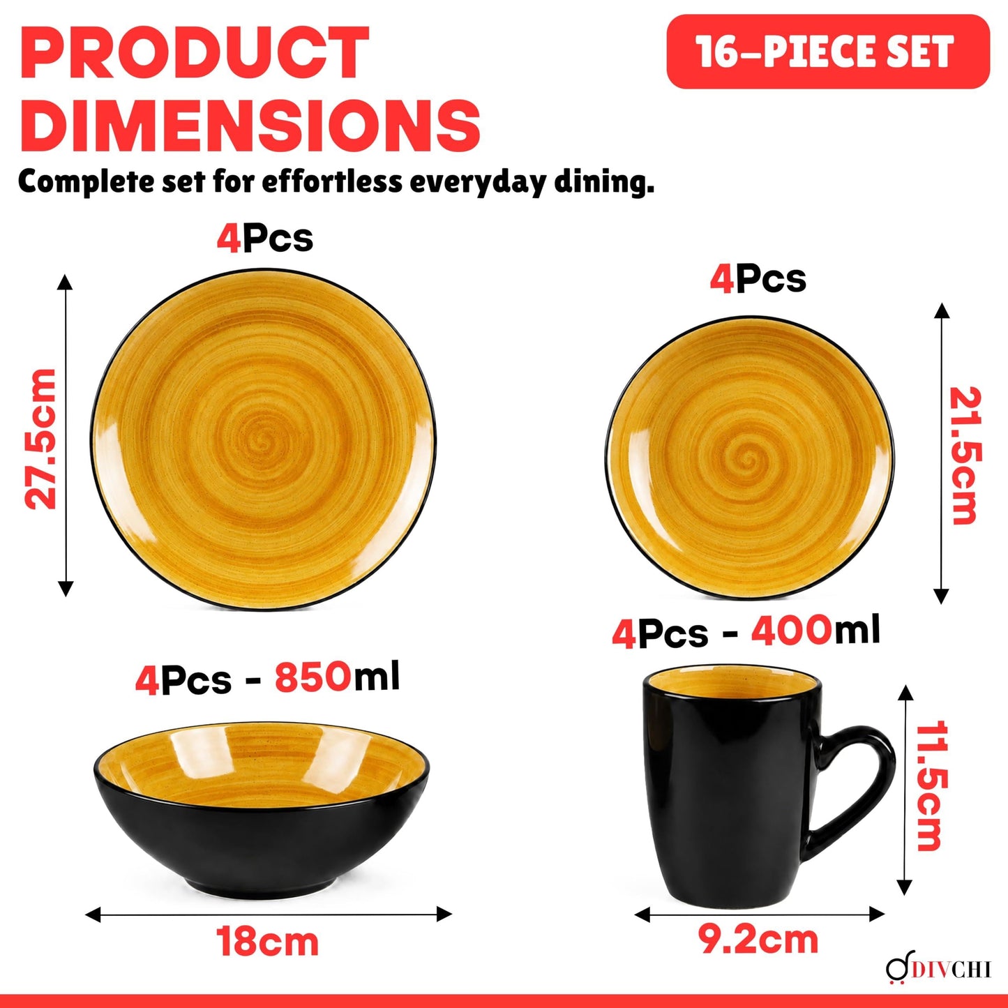 DIVCHI 16 Piece Ceramic Dinnerware Set - Yellow - Image 6