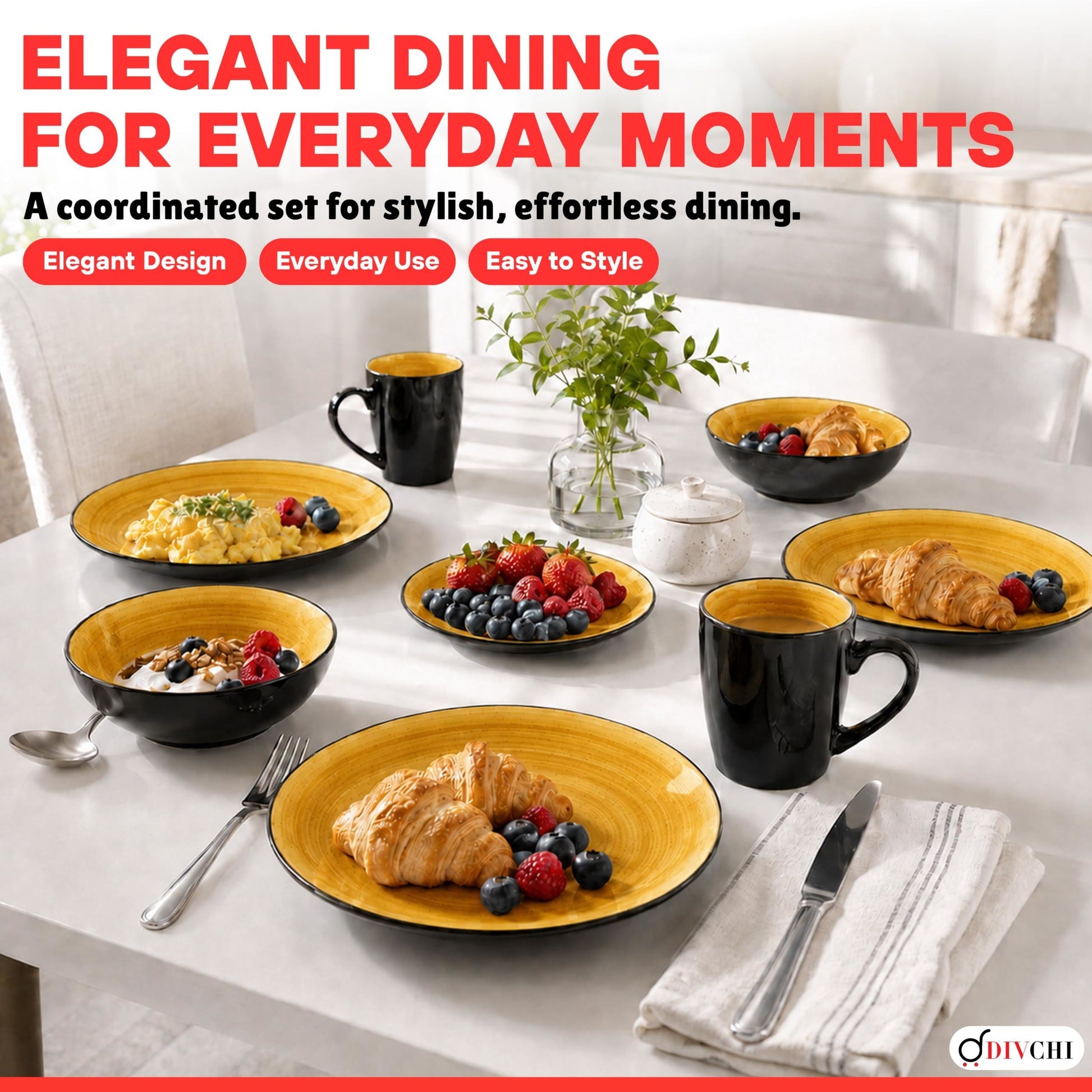 DIVCHI 16 Piece Ceramic Dinnerware Set - Yellow - Image 8