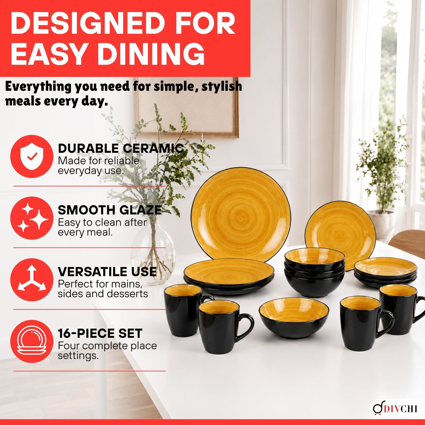 DIVCHI 16 Piece Ceramic Dinnerware Set - Yellow - Image 9