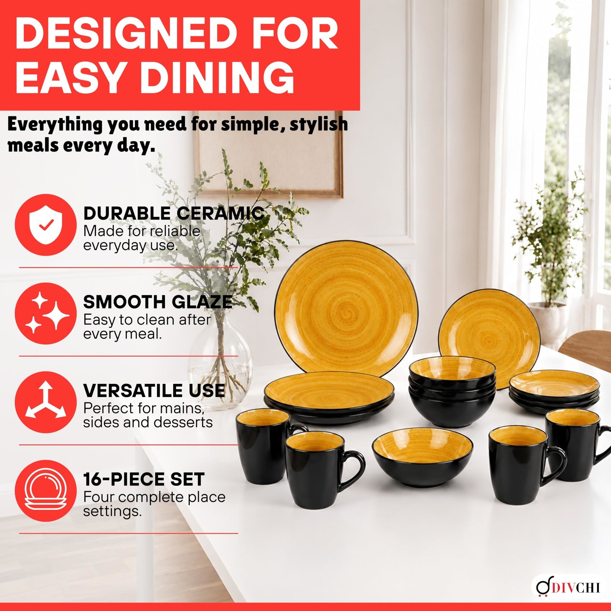 DIVCHI 16 Piece Ceramic Dinnerware Set - Yellow - Image 9