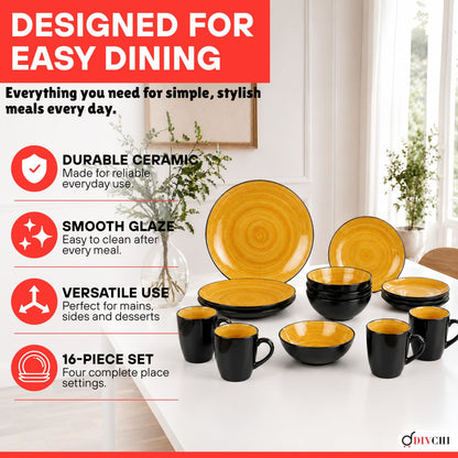 DIVCHI 16 Piece Ceramic Dinnerware Set - Yellow - Image 9