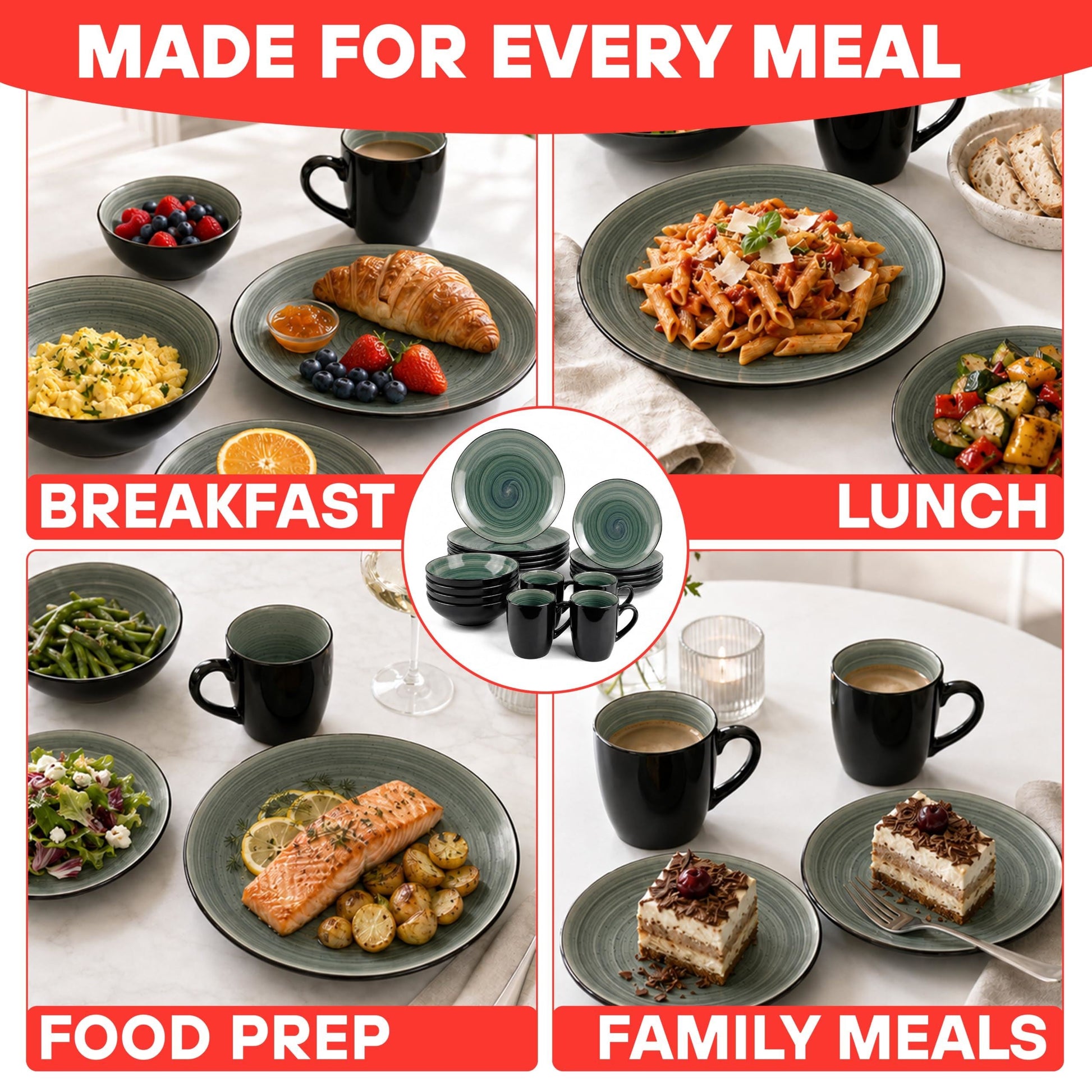 DIVCHI 16 Piece Ceramic Dinnerware Set - Teal/Grey - Image 3