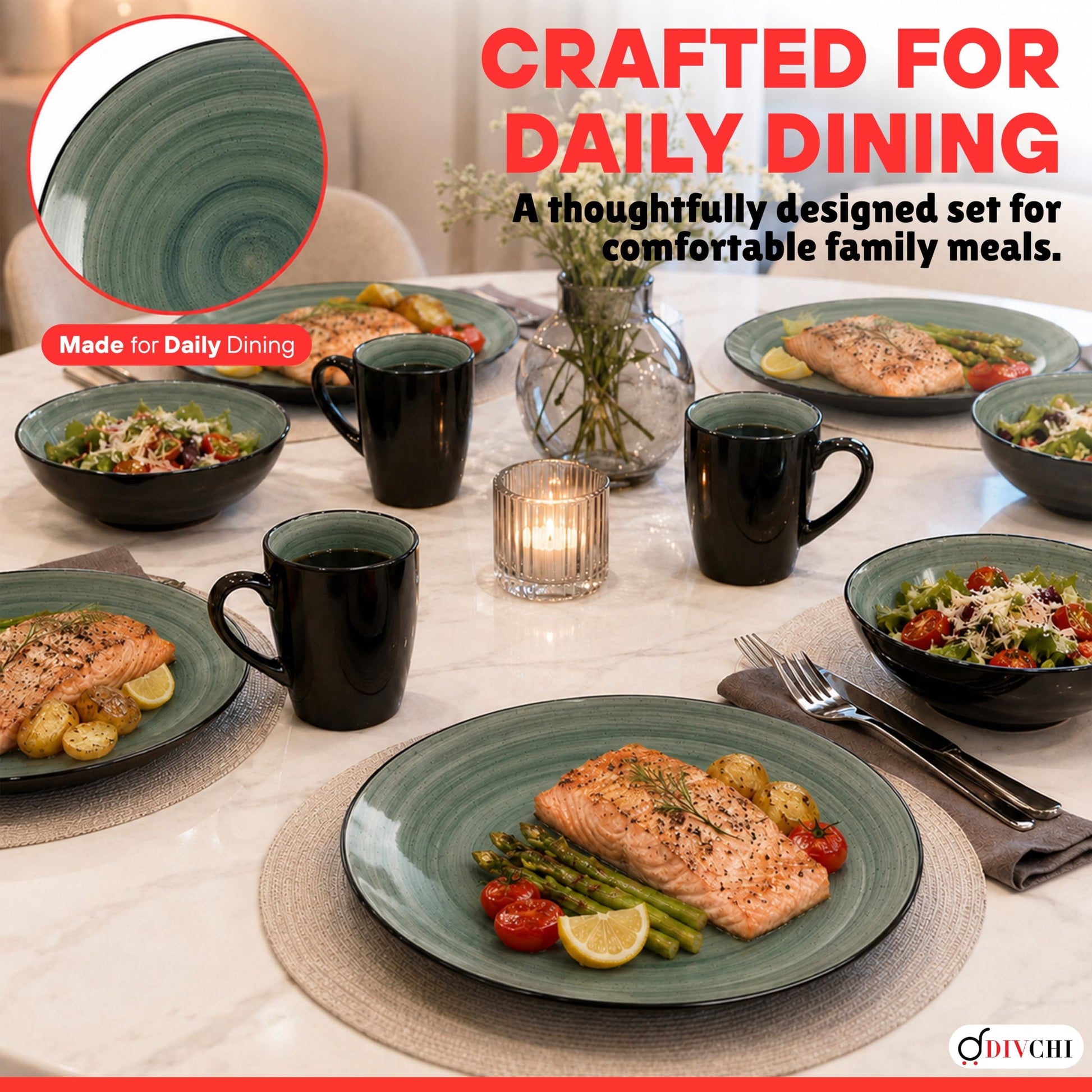 DIVCHI 16 Piece Ceramic Dinnerware Set - Teal/Grey - Image 4