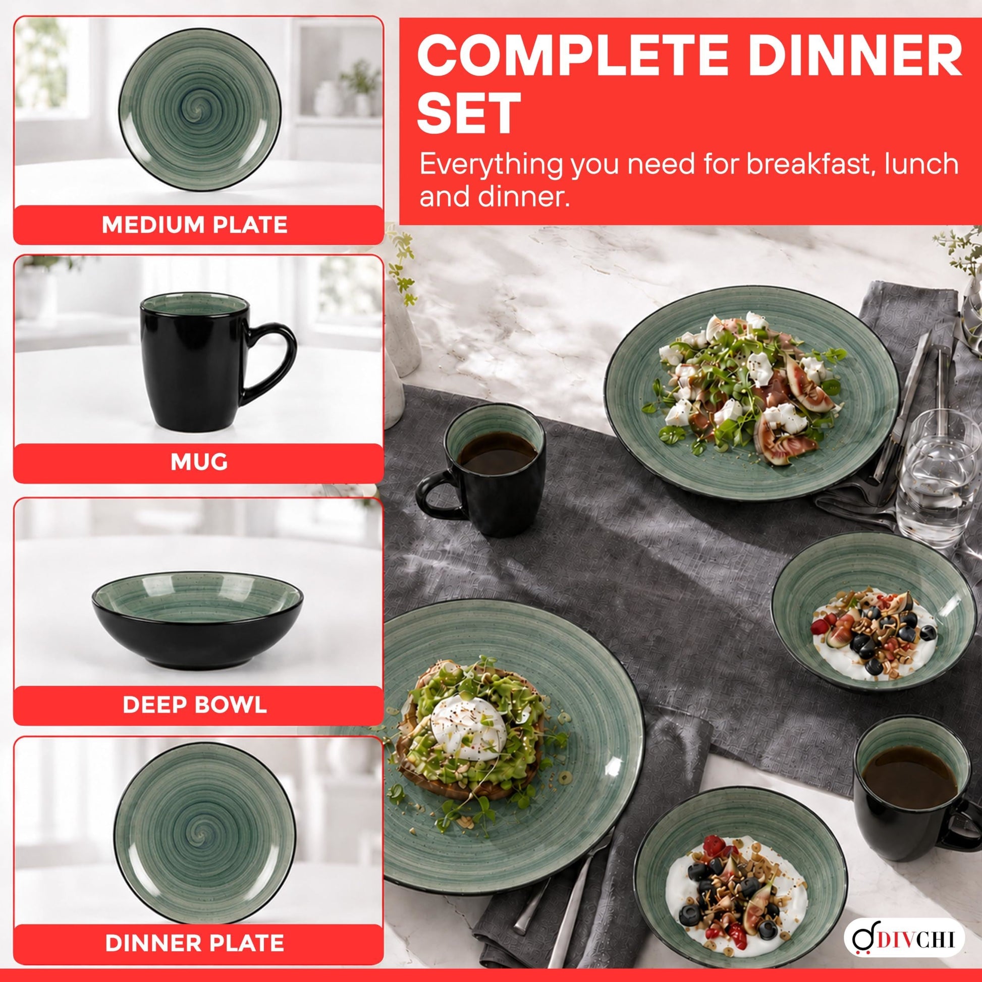 DIVCHI 16 Piece Ceramic Dinnerware Set - Teal/Grey - Image 7