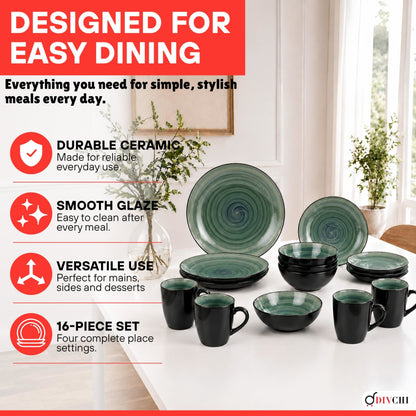 DIVCHI 16 Piece Ceramic Dinnerware Set - Teal/Grey - Image 8