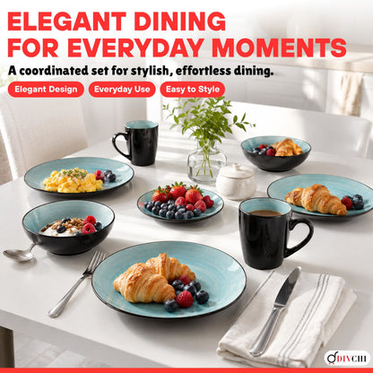 DIVCHI 16 Piece Ceramic Dinnerware Set - Light Blue - Image 2