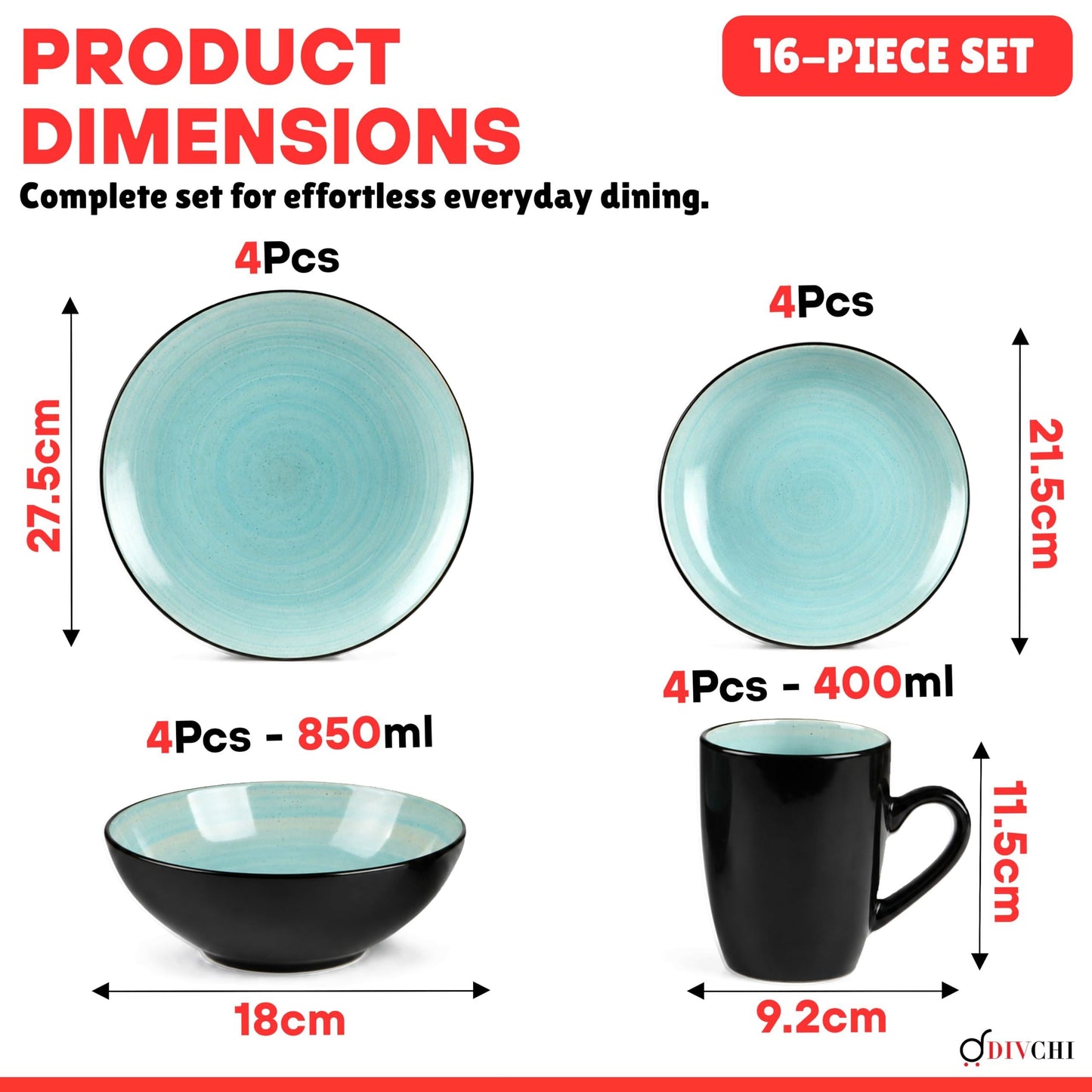 DIVCHI 16 Piece Ceramic Dinnerware Set - Light Blue - Image 3