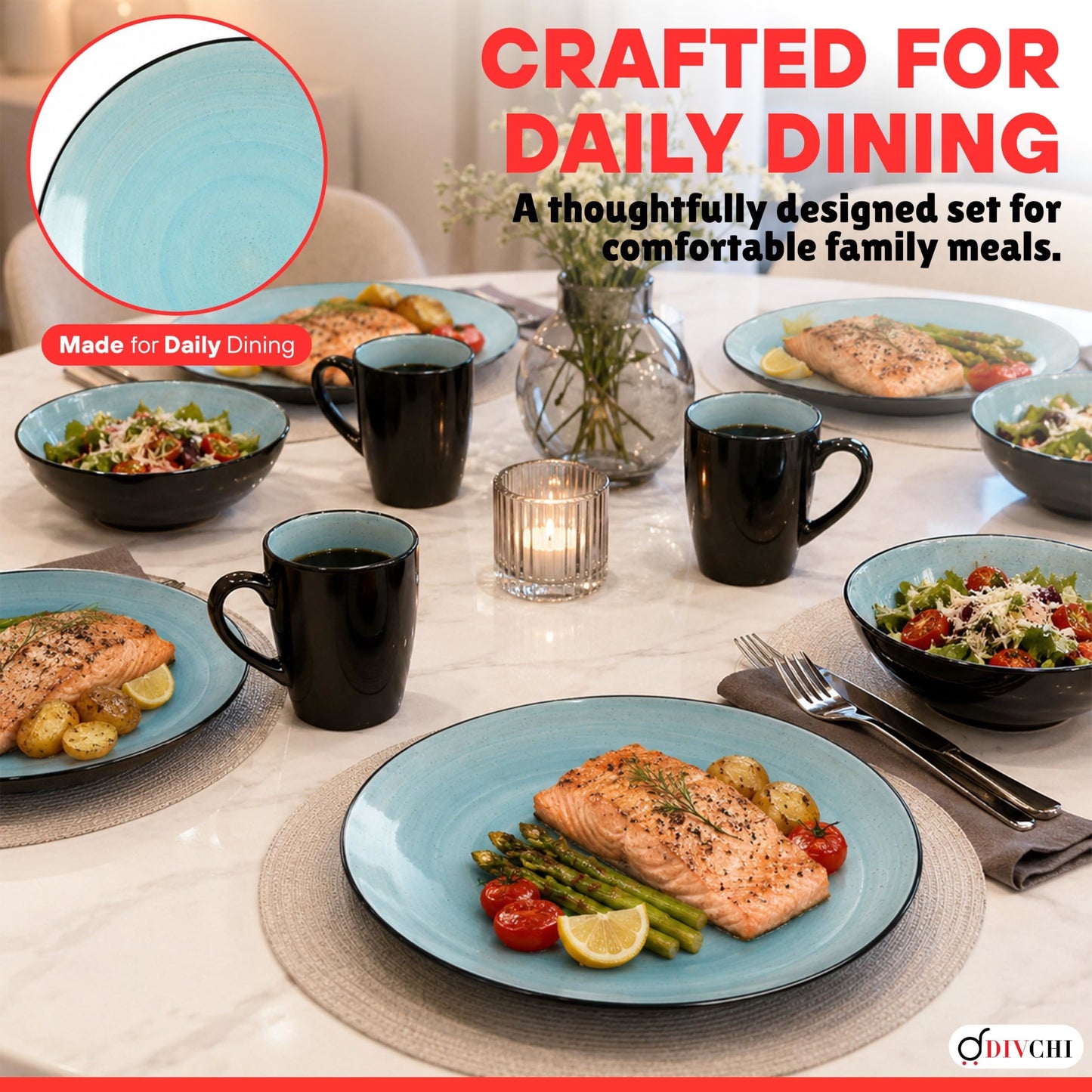 DIVCHI 16 Piece Ceramic Dinnerware Set - Light Blue - Image 6