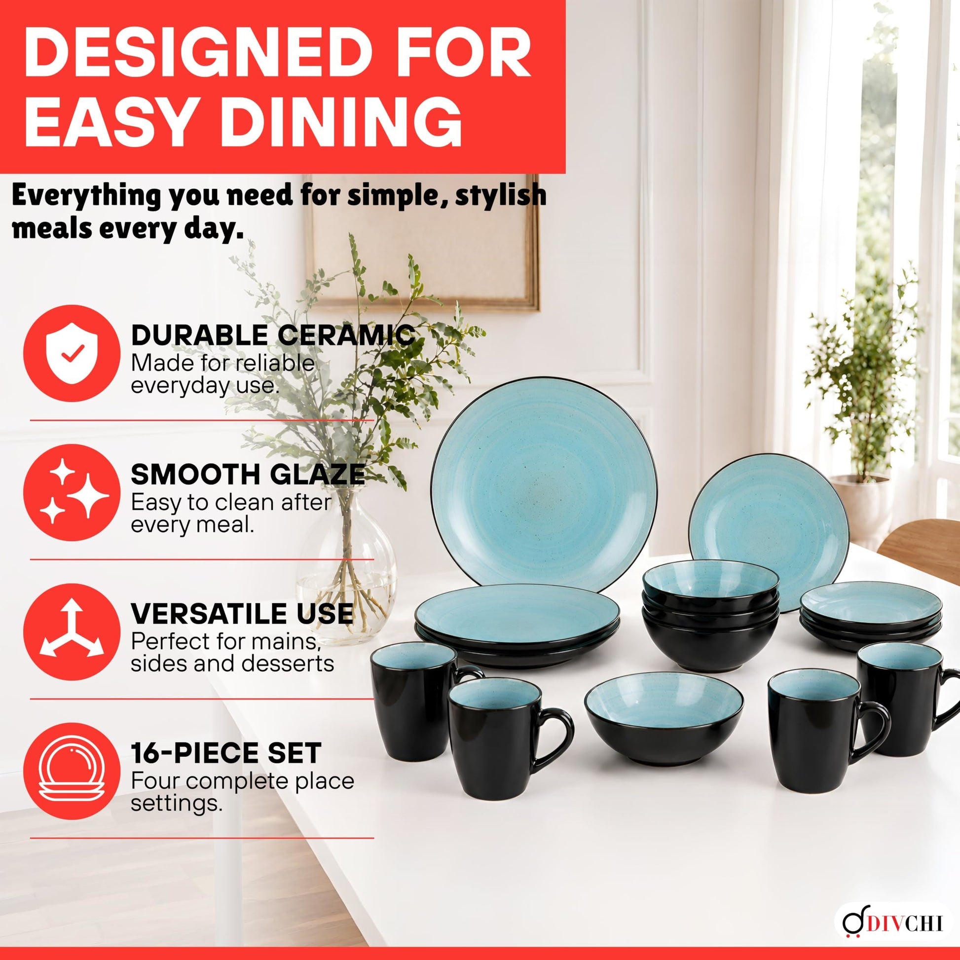 DIVCHI 16 Piece Ceramic Dinnerware Set - Light Blue - Image 8