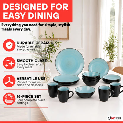 DIVCHI 16 Piece Ceramic Dinnerware Set - Light Blue - Image 8