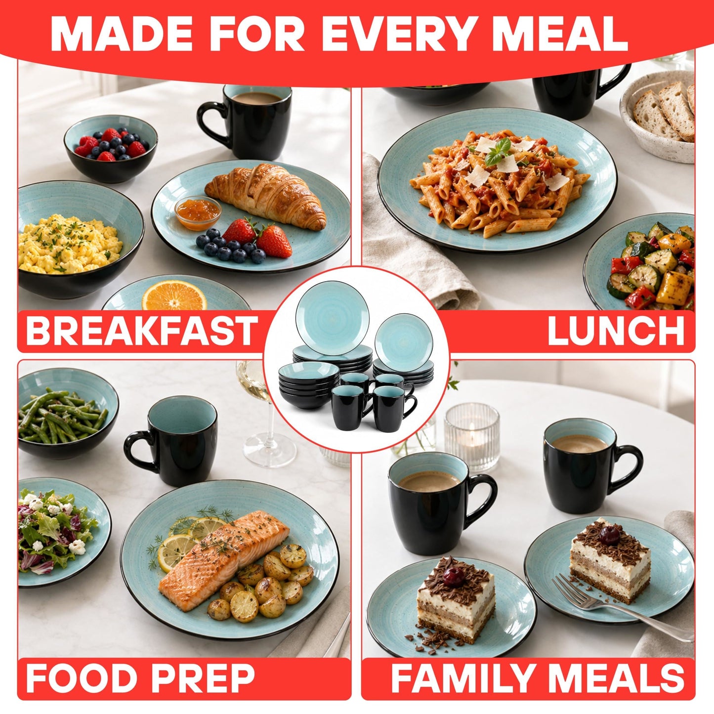DIVCHI 16 Piece Ceramic Dinnerware Set - Light Blue - Image 9