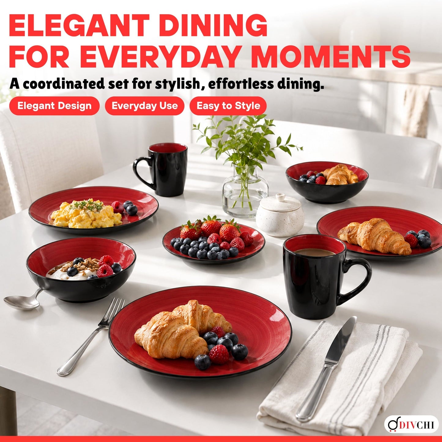 DIVCHI 16 Piece Ceramic Dinnerware Set - Light Red - Image 2