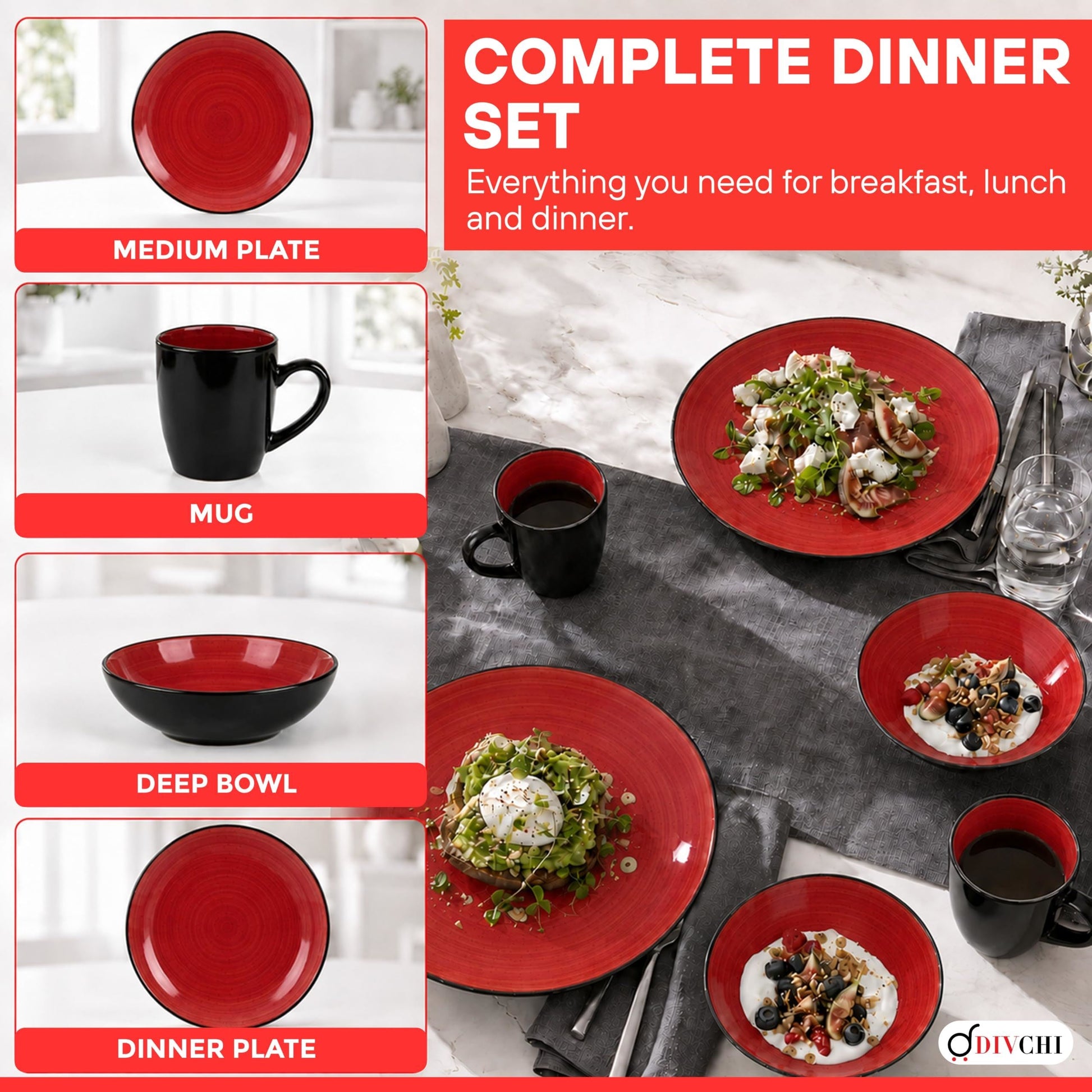 DIVCHI 16 Piece Ceramic Dinnerware Set - Light Red - Image 3