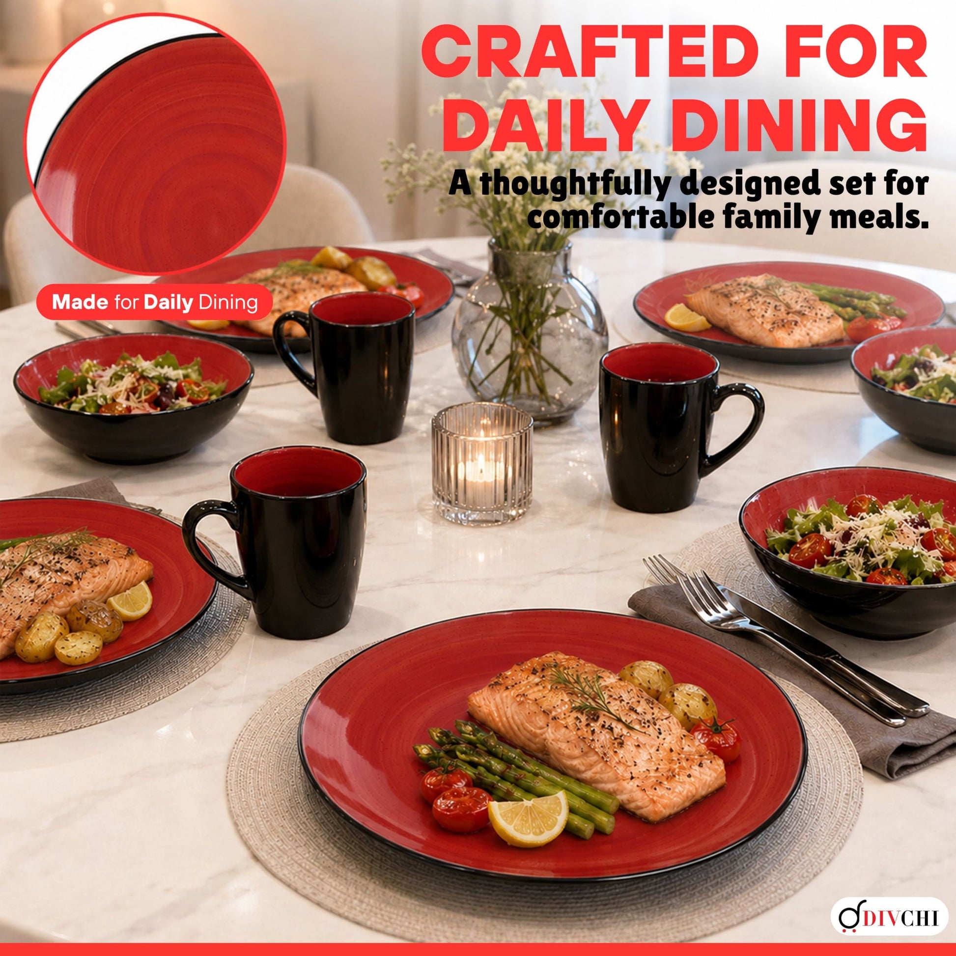 DIVCHI 16 Piece Ceramic Dinnerware Set - Light Red - Image 7