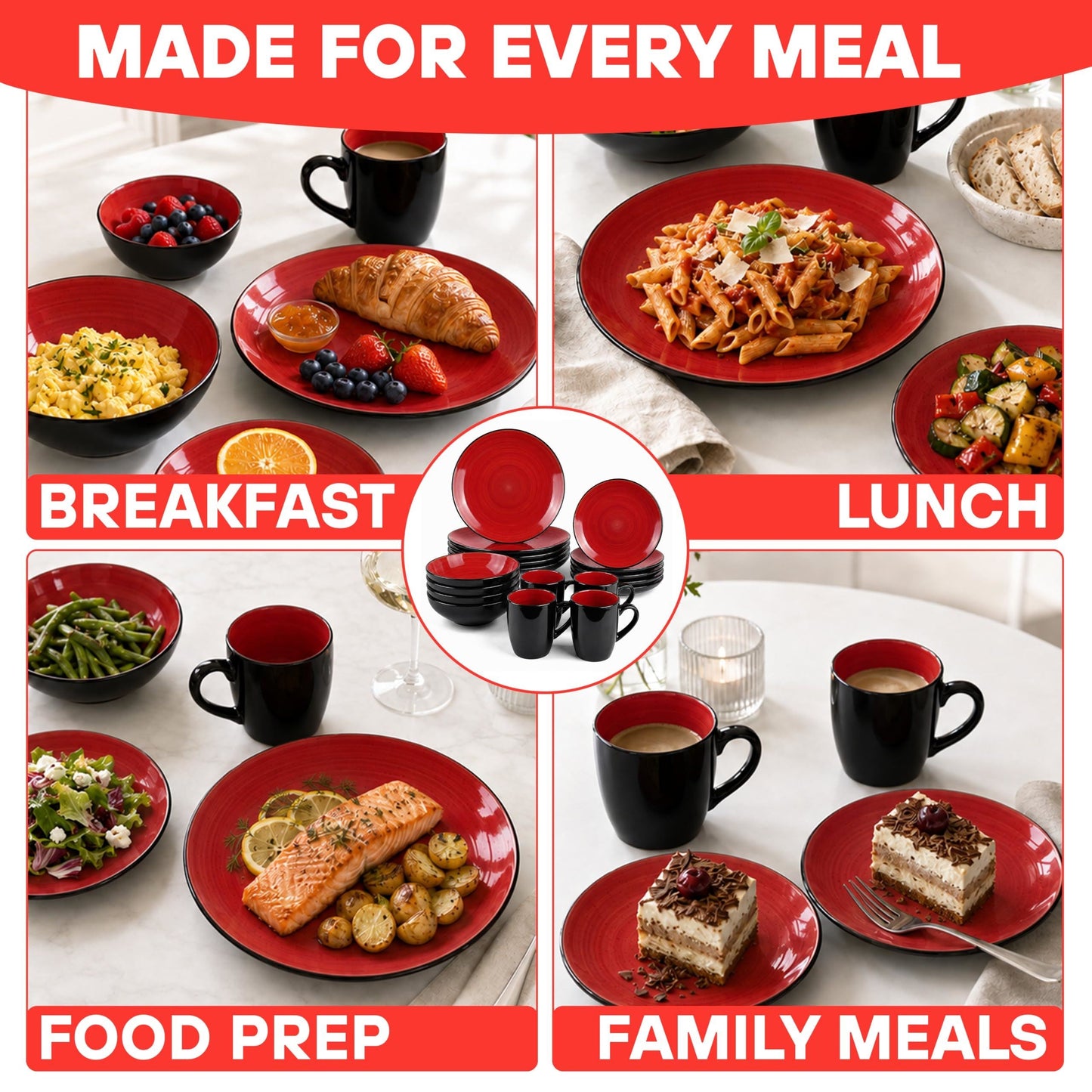 DIVCHI 16 Piece Ceramic Dinnerware Set - Light Red - Image 8