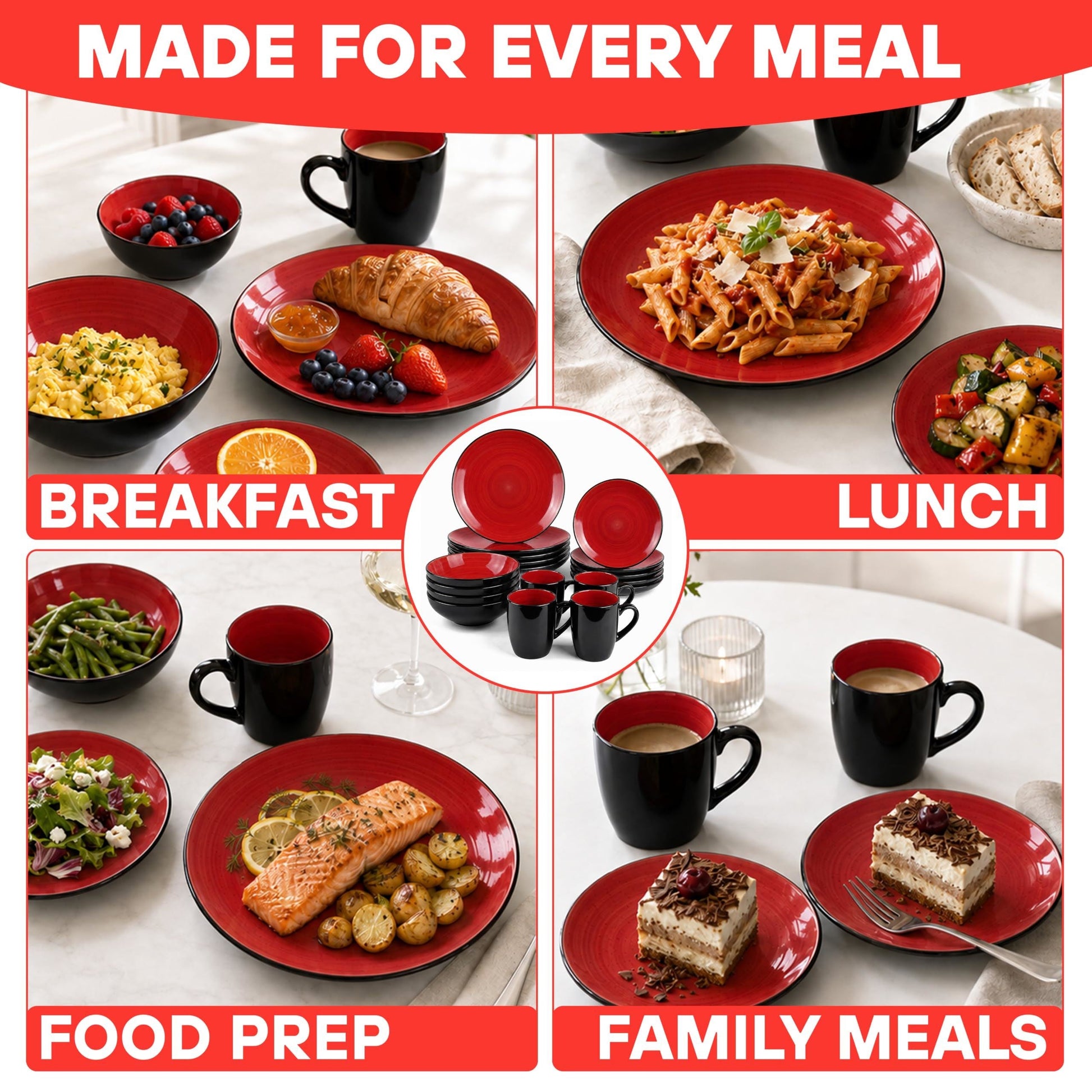 DIVCHI 16 Piece Ceramic Dinnerware Set - Light Red - Image 8