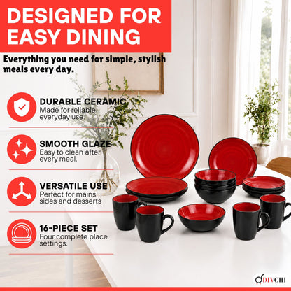 DIVCHI 16 Piece Ceramic Dinnerware Set - Light Red - Image 9